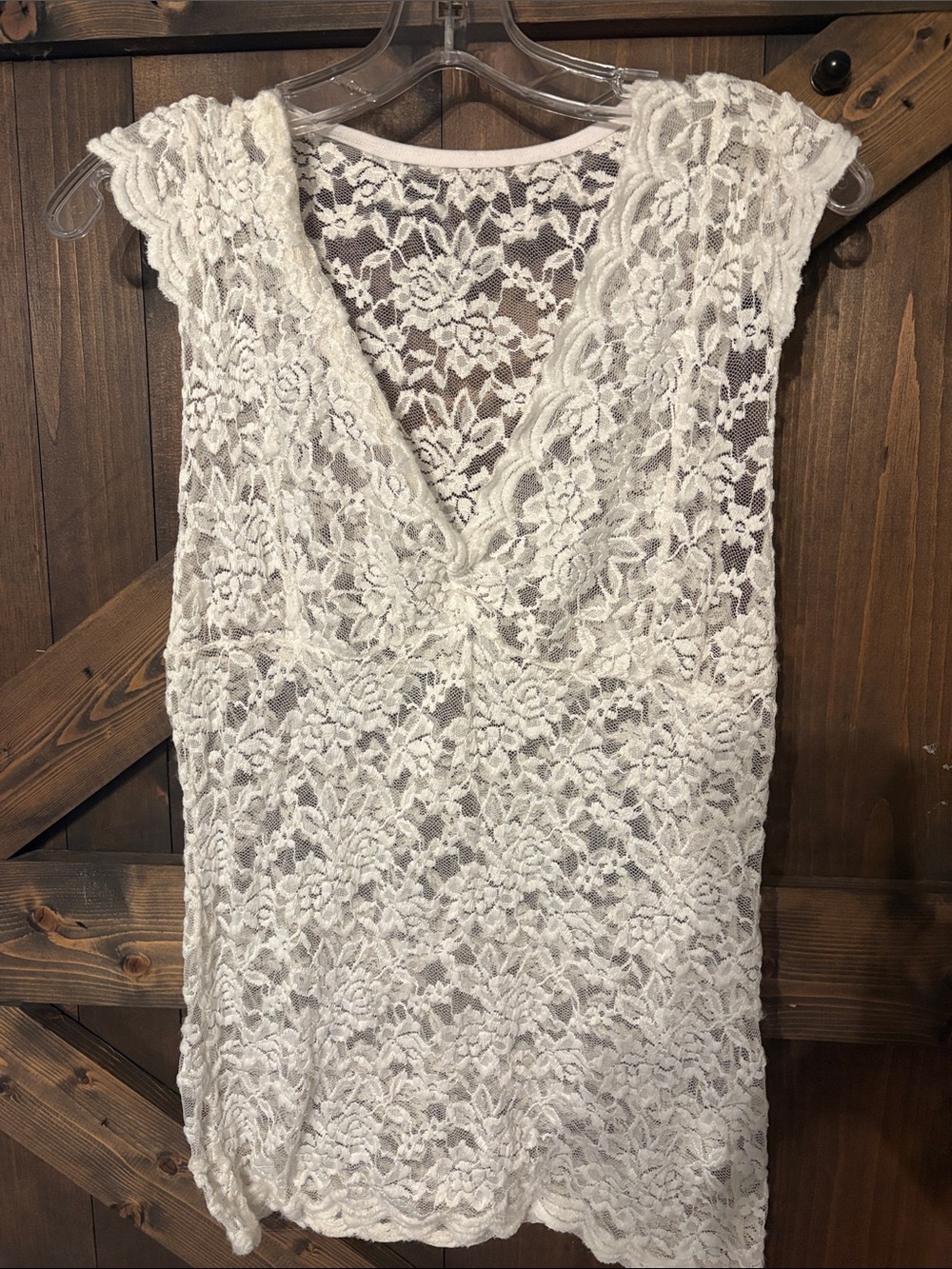 Lace Overlay V-Neck Top - White